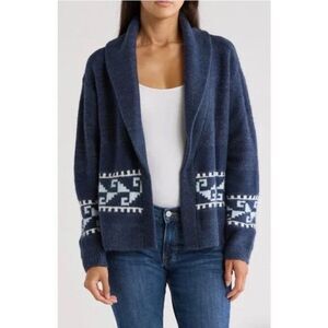 Lucky Brand Blue White Aztec Design Fold Collar Open Front Cardigan Sweater